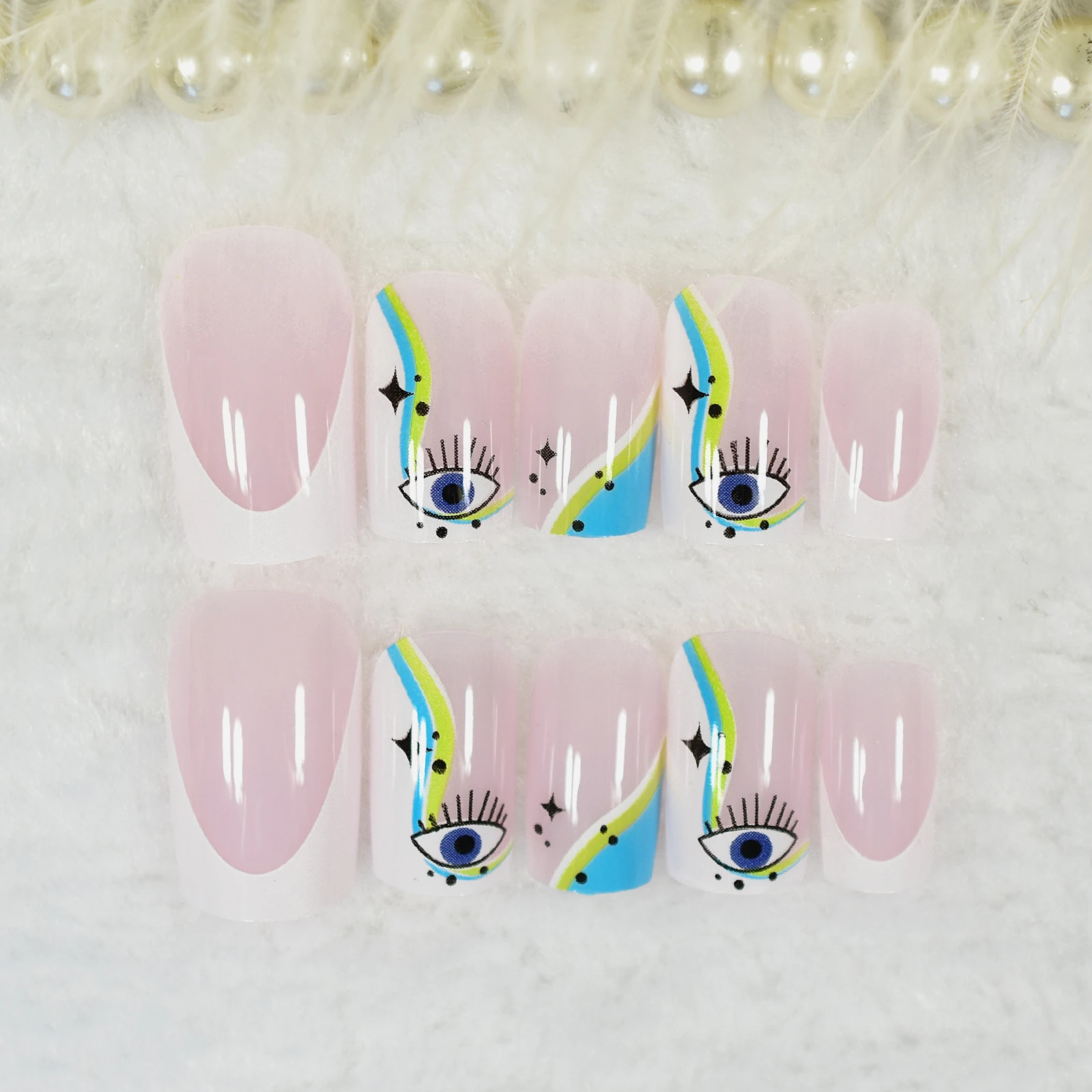 Vooraf ontworpen Franse pers op nagels Medium vierkante nepnagels Manicure Herbruikbaar Lichtroze oogpatroon Valse acryl Nail Art Tips