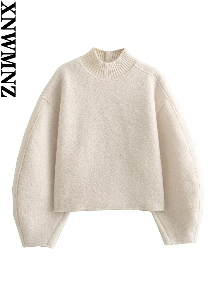 XNWMNZ Women Fashion 2023 Autumn/Winter Chunky Knitted Sweatshirt Women High Neck Puff Long Sleeve Seamless Trims Female Top