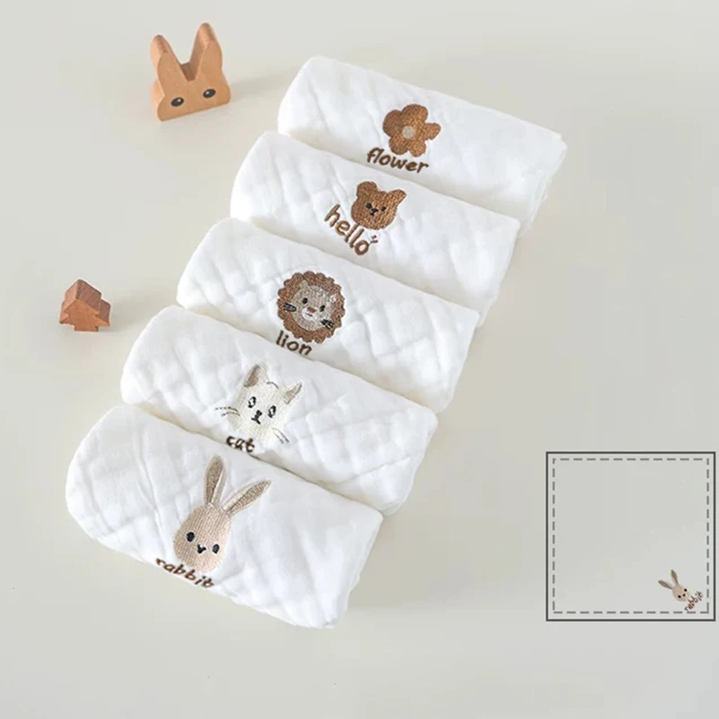 

5 шт. детское полотенце для малышей, мягкая мочалка, ткань для отрыжки, 6 слоев хлопка, милые салфетки с вышивкой для рук и лица, нагрудник для новорожденных, детский носовой платок