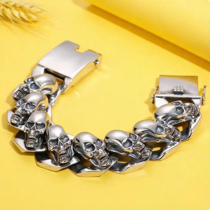

Sterling Silver S925 Dominant Men's Skull Bracelet Personalized European and American Style Thick Bracelet Heavy Industry Trendy