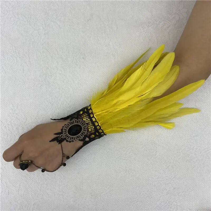 Vintage Court Style Gothic Lolita Linked Finger Feather bracciale Performance Ball Feather Wristband guanti in pizzo 2023