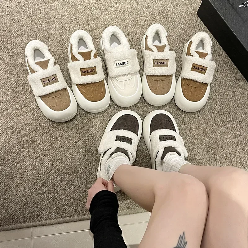 Fashion Cotton Shoes Women New Round Toe Platform Plush Shoes Warm Thick Sole Low Top Female Plush Footwear 2023 Autumn Winter