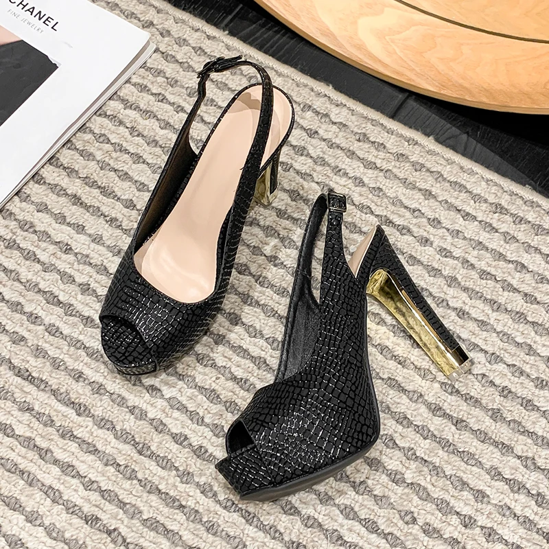 

Platform Peep Toe Stiletto Buckle Woman Sandals Sequins High Heels Solid Color Black Sexy Gladiator Shoes Party Women's Pumps