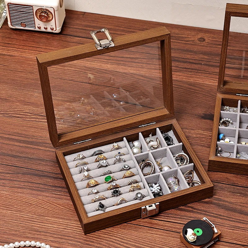 Modern Minimalist Black Walnut Patterned Jewelry Box with Lid Dustproof Storage Organizer for Earrings Rings Bracelets Necklaces