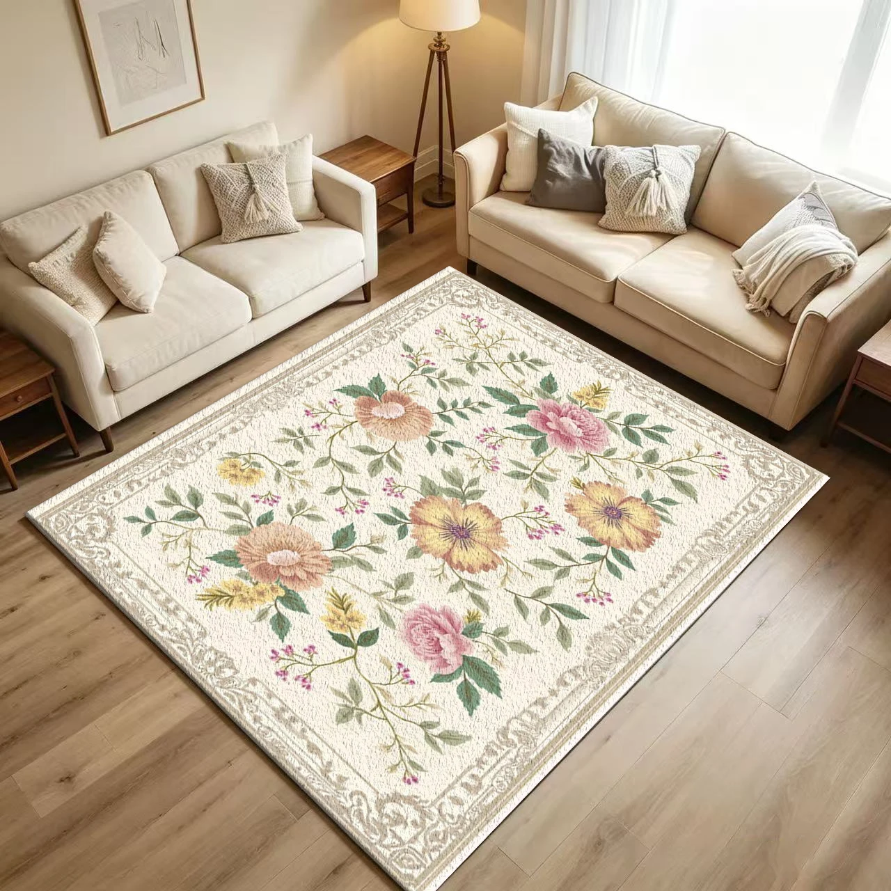 Vintage Pastel Floral Border Carpet Flooring Soft Peony Flower Retro Frame Printed Floor Rug for Household Indoor Home Decoration