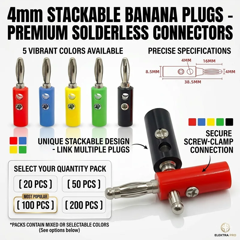 20-200PCS 4mm Stackable Banana Plugs Solderless Screw Type Musical Speaker Wire Cable Connector Multimeter Test Probes 5 Colors