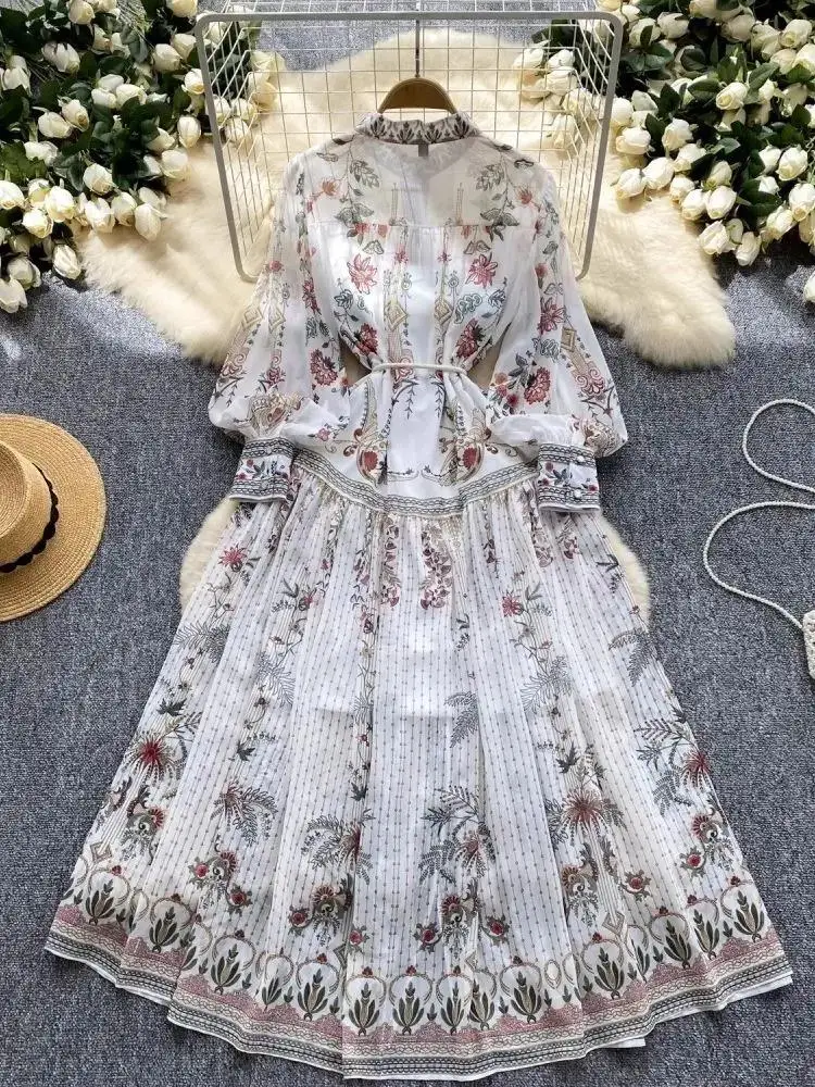 Autumn Holiday Chiffon Flower Dresses Loose Lace Up Belt Evening Party Robe Female Elegant Floral Print Maxi Clothes Vestidos