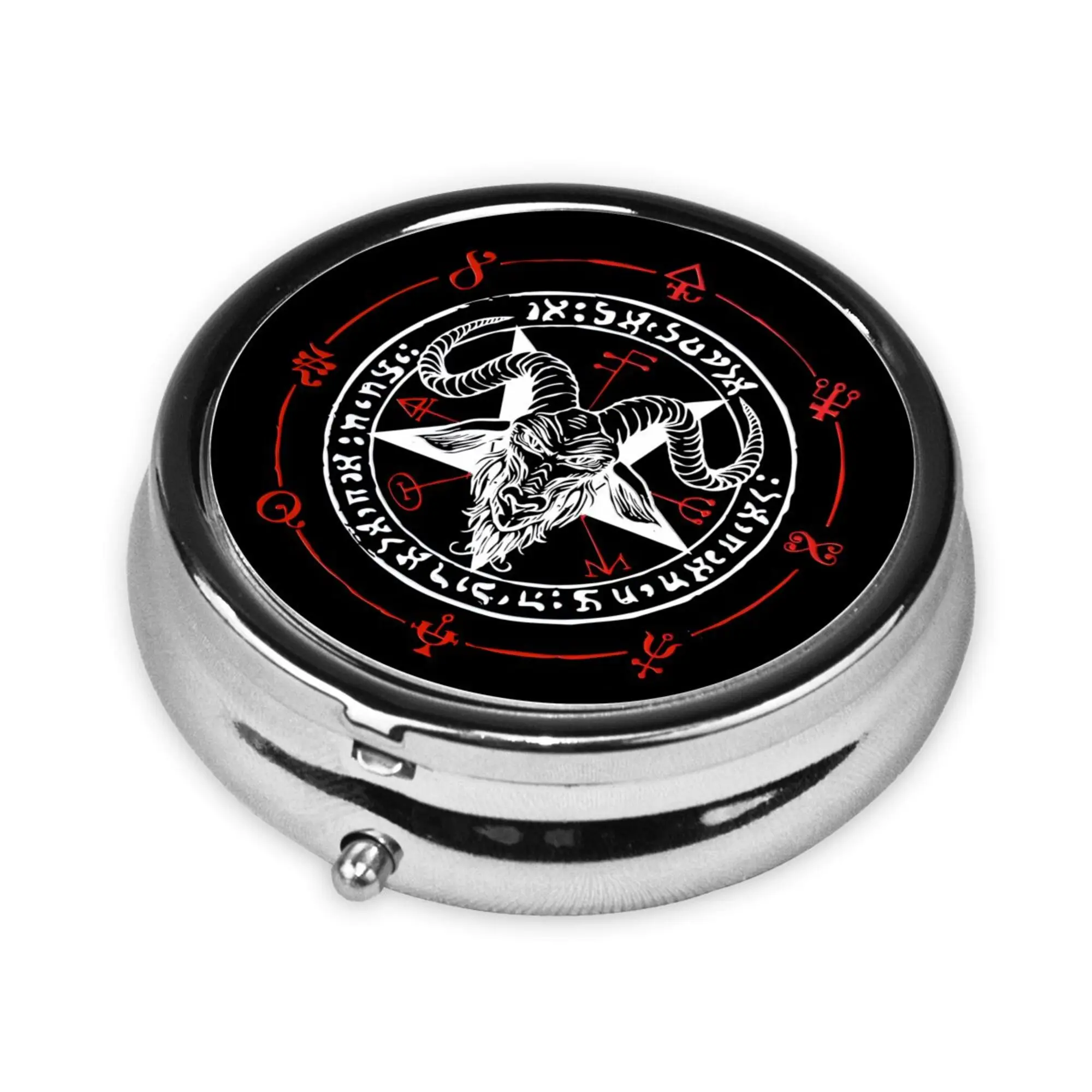 Pentagram with Demon Baphomet Satanic Goat Portable Pill Box 3 Compartment Decorative Medicine Pill Case for Pocket Or Purse