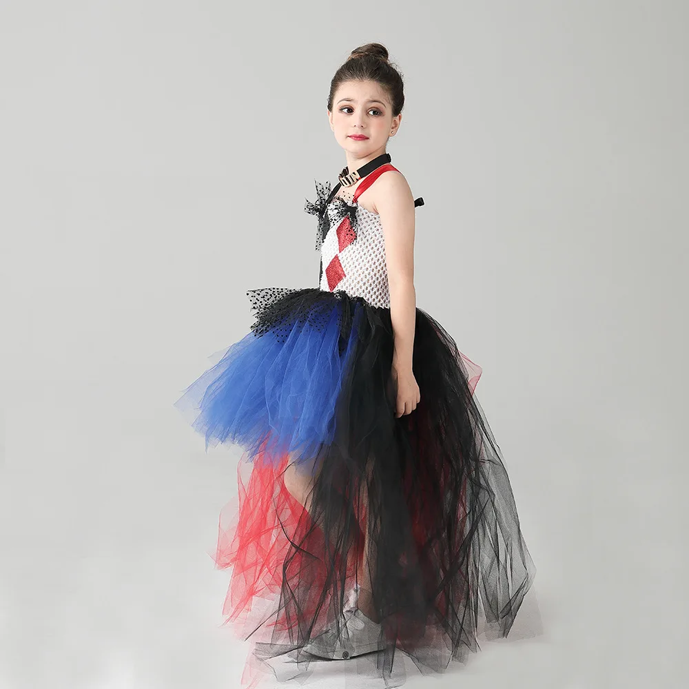 Halloween Kids Clown Tulle Dress Girls Mesh Tutu Gown Children Attire Little Girls Stage Performance Dress Banquet Party Outfit