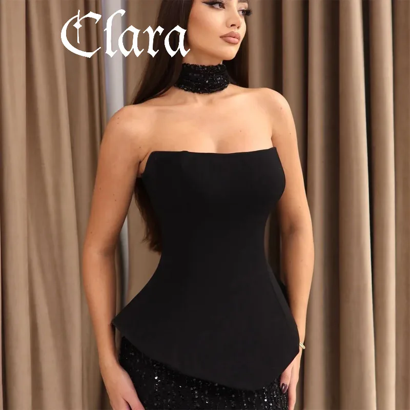 فستان سهرة من كلارا مخصص بالترتر الأسود بدون حمالات ووشحة من الساتان بطول الأرض بدون أكمام فستان زفاف 2025