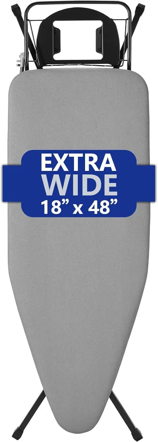

Extra-Wide Ironing Board – 48"×18" Large Surface (57" w/Iron Rest) • Built-in Clothes Rack, Hanger & Cord Holder • Heat-Resistan