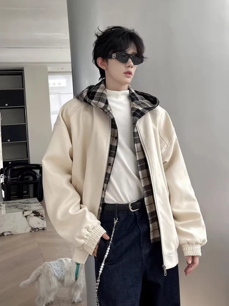 

American Style Plaid Splicing Casual Men's Jacket Autumn Trendy Design Loose Match All Zipper Decoration Polyester Fiber