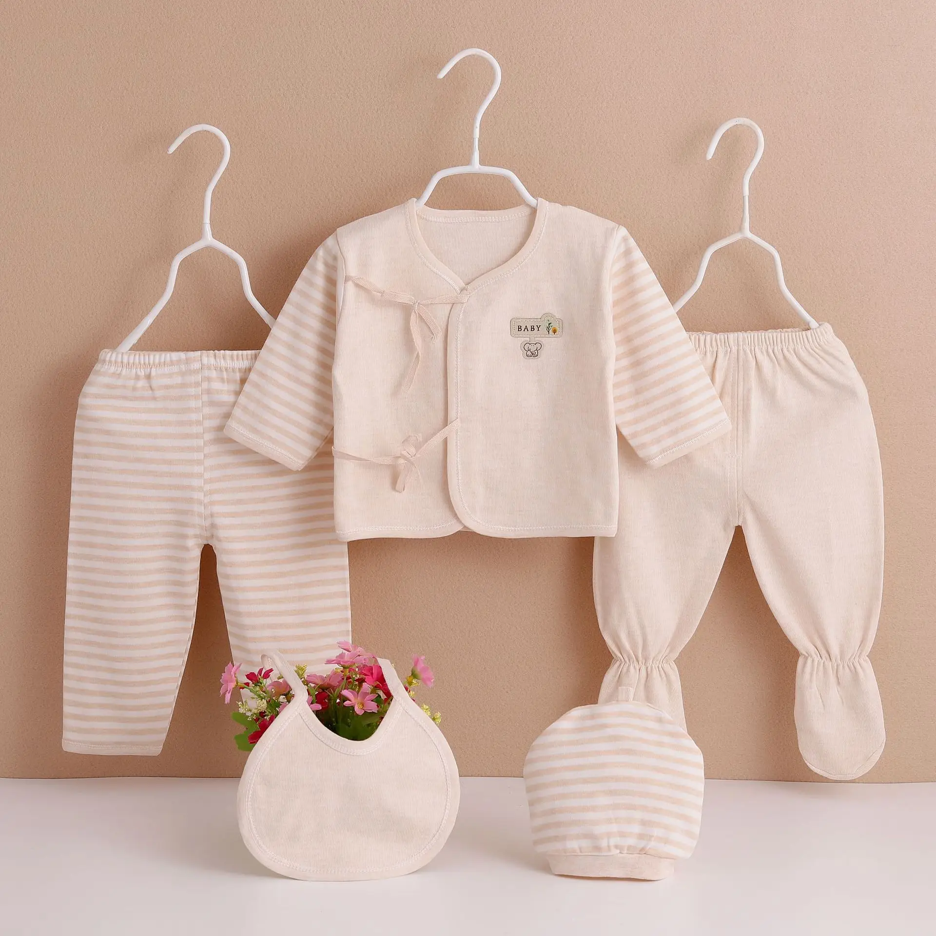 5Piece Spring Girls Outfit Sets Newborn Boy Clothes Casual Cartoon Cute Stripe Cotton Tops+Pants Baby Boutique Clothing BC1321