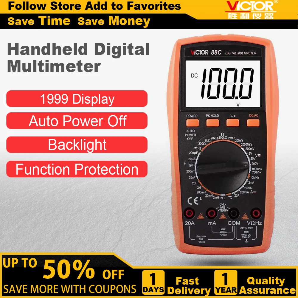 

VICTOR 88C Manual Range Digital Multimeter 1999 Counts large LCD Display With True RMS 1000V/20A AC DC Temperature Frequency