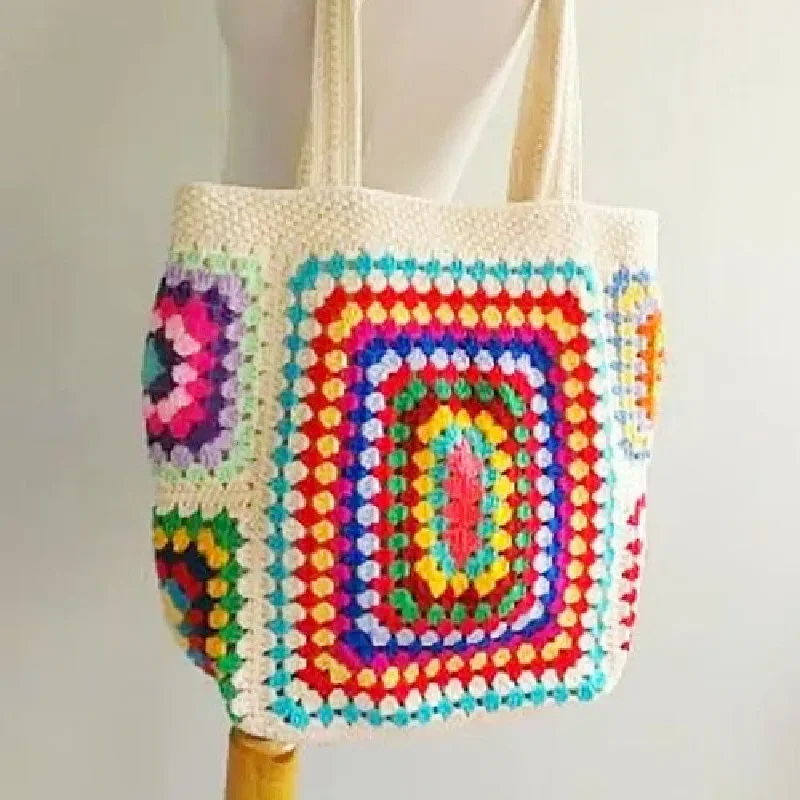 Bolso de hombro tejido a mano para mujer con rejilla de abuela y forro, bolso de playa simple y moderno, bolso de compras