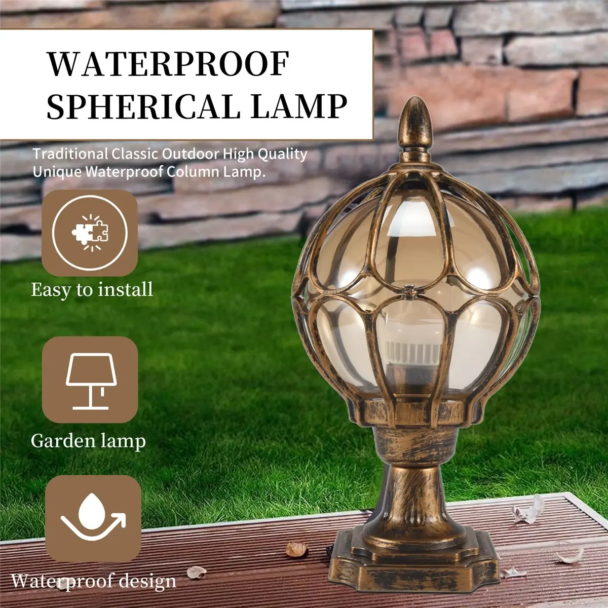 Present 1Pcs Outdoor Pillar Lamp Globe Glass Shade Door Post Lamp Waterproof Antique Lighting Rainproof Pillar Light,Black gold