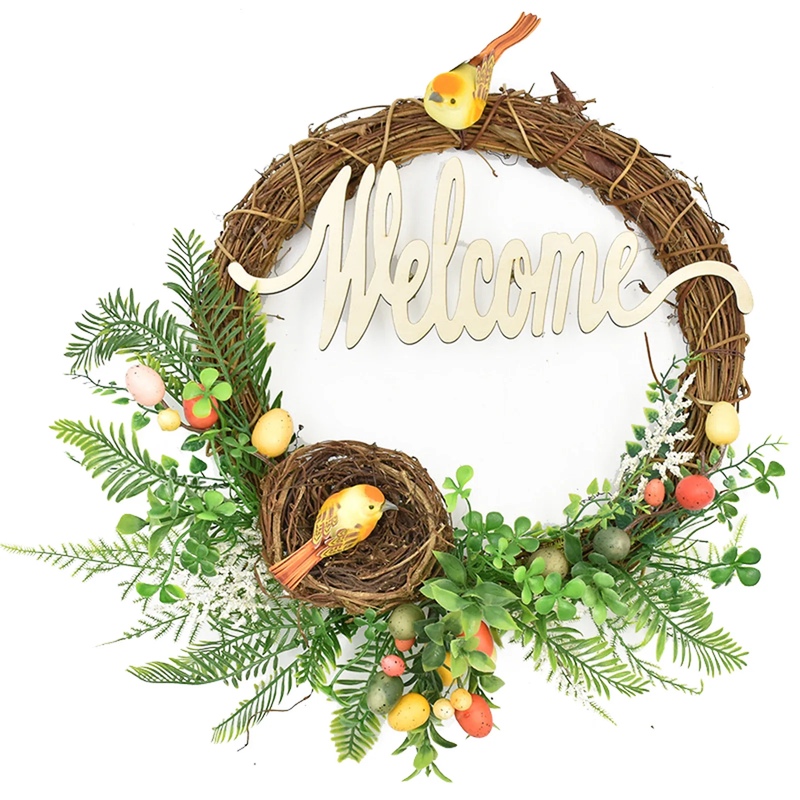 

Simulation Bird Nest Green Leaves Easter Wreath "Welcome" Letters Printed Door Wall Hanging Decor Home Festival Party Supplies