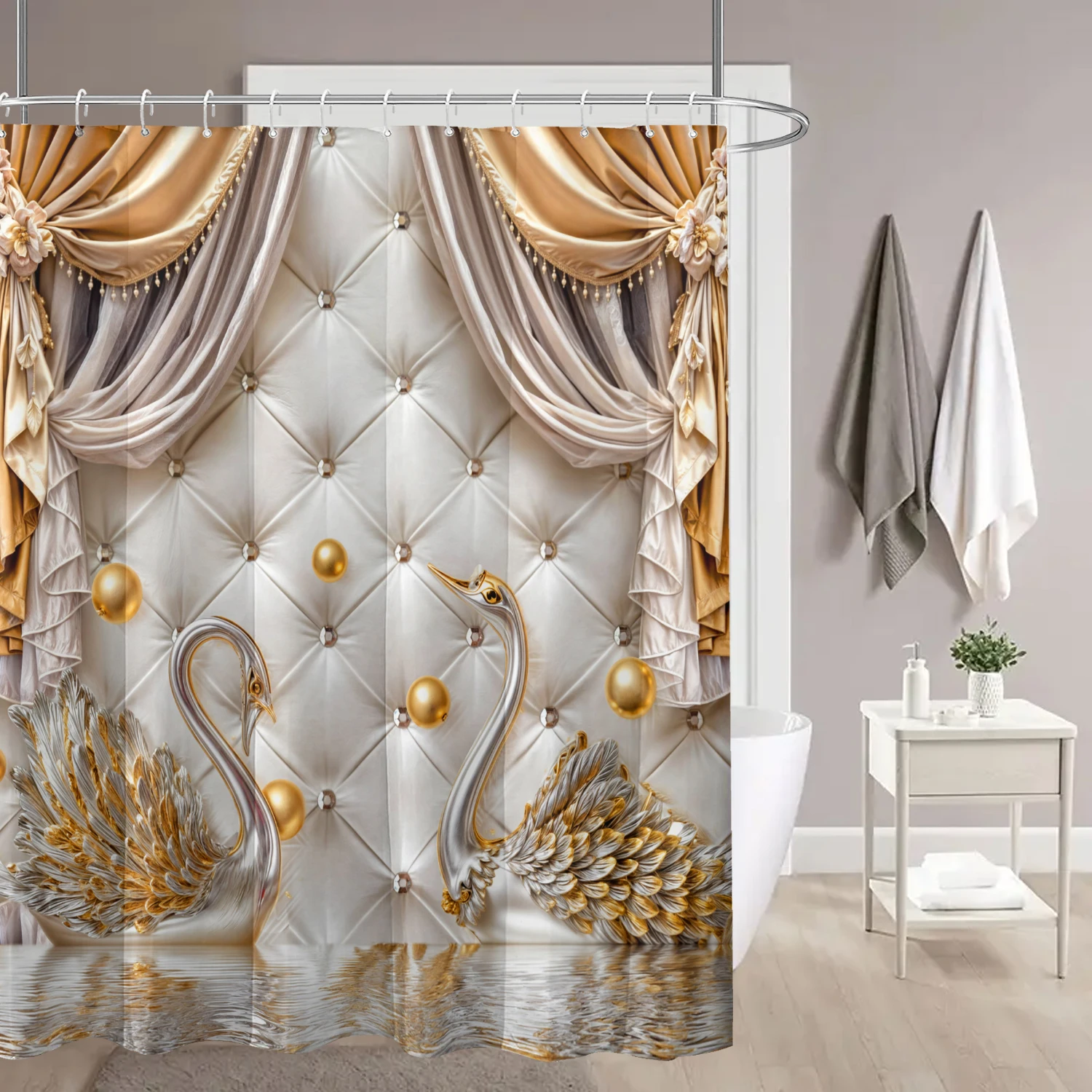 4-piece set of Swan flowers pattern waterproof shower curtain with 12 hooks, waterproof printed curtain, bathroom floor mat