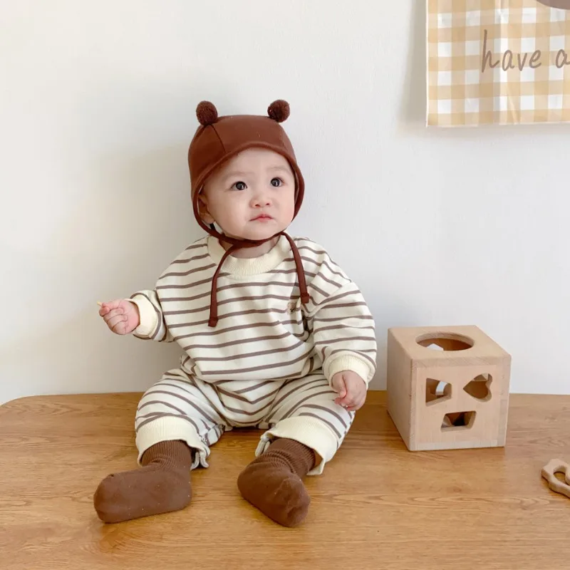 Baby Striped Romper Spring Autumn Long Sleeve Casual Jumpsuit Korean Style Little Bear Bodysuit for Newborns Boys Girls Clothing