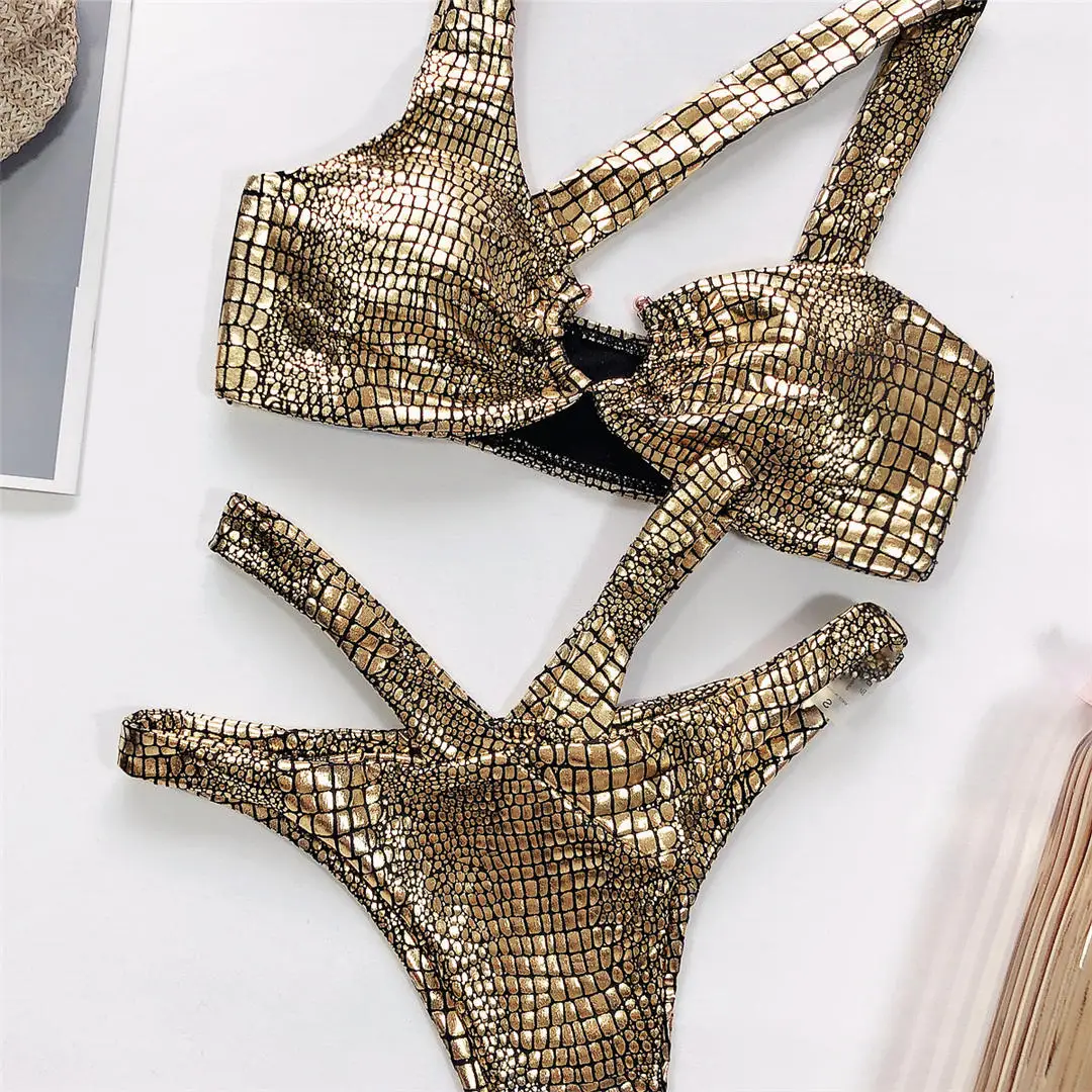 Sexy, asymmetrischer Bikini mit Schlangenmuster, Damen-Badeanzug, zweiteiliges Bikini-Set, Badebekleidung mit Trägern, Badeanzug, Modell V1923. – Detail 21