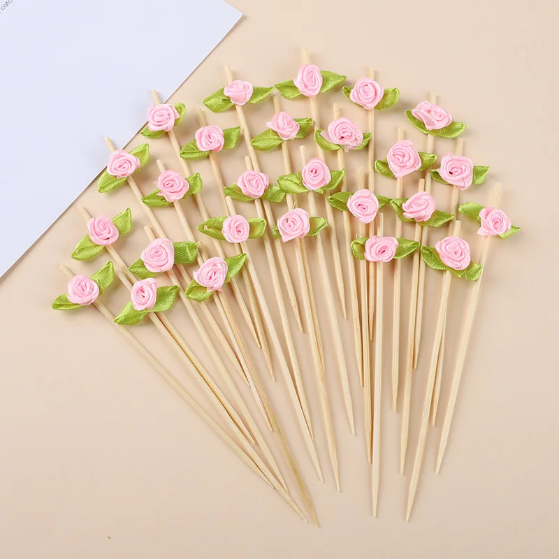 100pcs Rose Bamboo Sticks with leaves Red Blue Pink White flower Fruit Fork Cocktail Stirrers Birthday Wedding Party Decoration