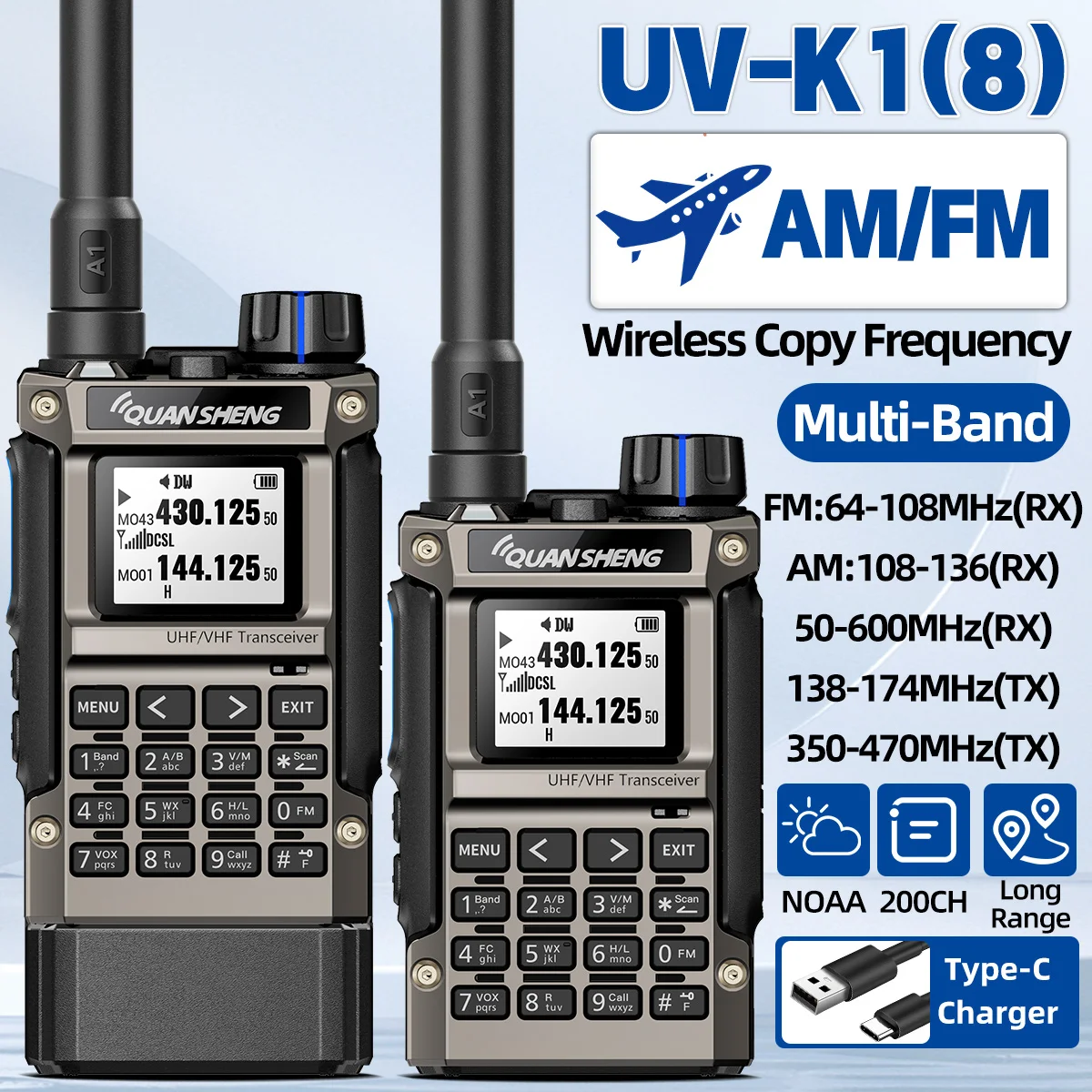 Quansheng UV-K1（8）Walkie Talkie AM/FM Multi-Band Wireless Copy Frequency Long Range Type-C Charger For Camping UVK5 K6 Ham Radio