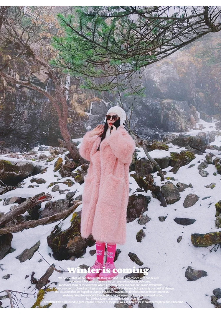 Lautaro Winter Long Oversized Pink Thick Warm Soft Shaggy Fluffy Faux Fur Coat Women Pockets Lapel Loose Sweet Cute Fashion 2022