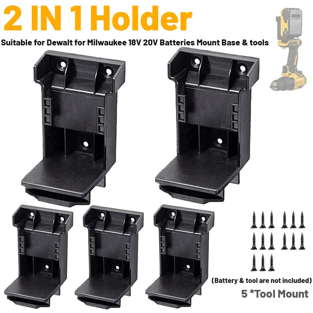 

5PCS 2-in-1 Power Tool Holder Battery Mount Hanger Stand for Dewalt 20V for Milwaukee 18V Battery Tool Storage Rack Bracket