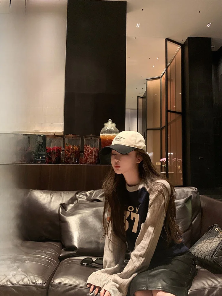 

Женский свитер OKMAOP с круглым вырезом, свободного кроя, с принтом, в корейском стиле, осенний, повседневный, вязаный, удобный, свободного кроя