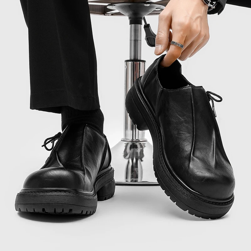 Spring Autumn New Men Pleated Thick Soled Derby Shoes with Diagonal Straps To Increase Height Trendy Daily Wear Single Shoes