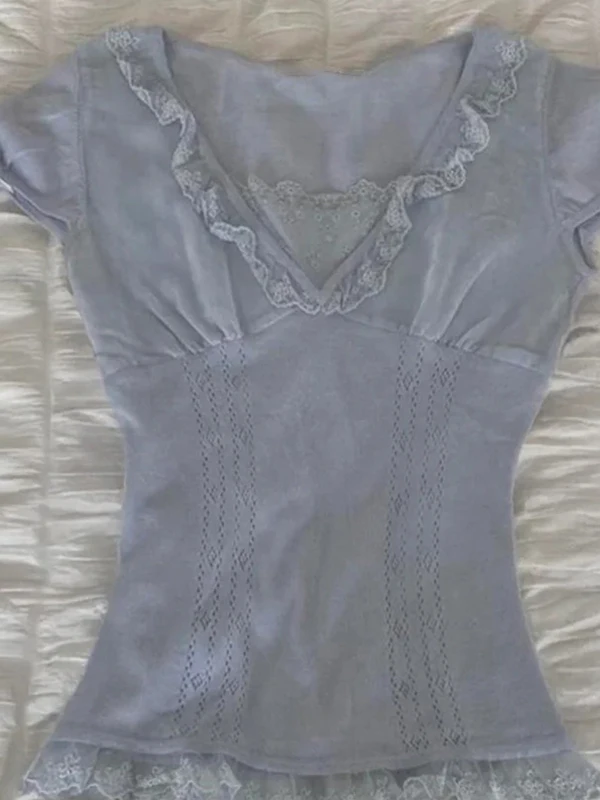 T-shirt V-ne con giunture in pizzo blu T-shirt estiva da donna vintage retrò o spalla lunghezza misto cotone vestibilità regolare ort Sve Tee