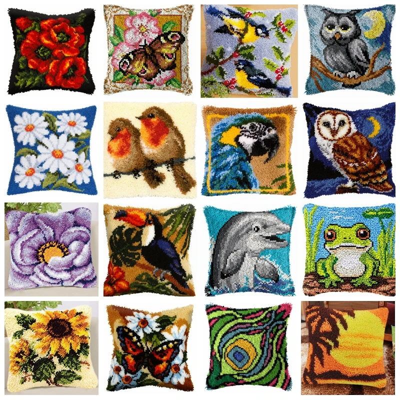 

Butterfly Bird Animals Latch Hook Rug Kits Unfinished Embroidery Material Hand Knitted Embroidered Pillow Latch Hook Pillow DIY