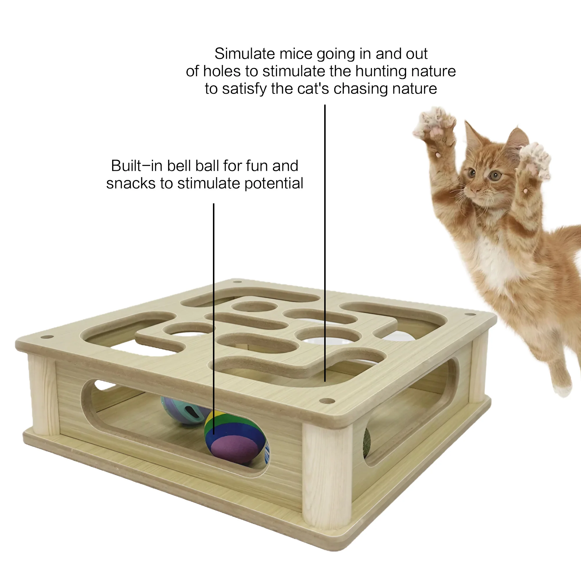 Interactive Cat Toy Box Wooden Scratcher Furniture With Catnip 3 Balls Indoor Enrichment Durable Scratch Board Safe Large Pet
