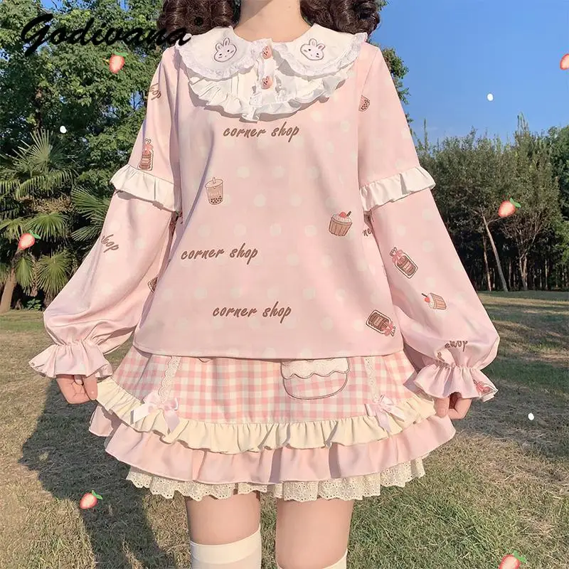 New Autumn Sweet Cute Rabbit Embroidery Girls Doll Collar Lolita Inner Shirt Long Sleeve Women's Kawaii Top T-shirts