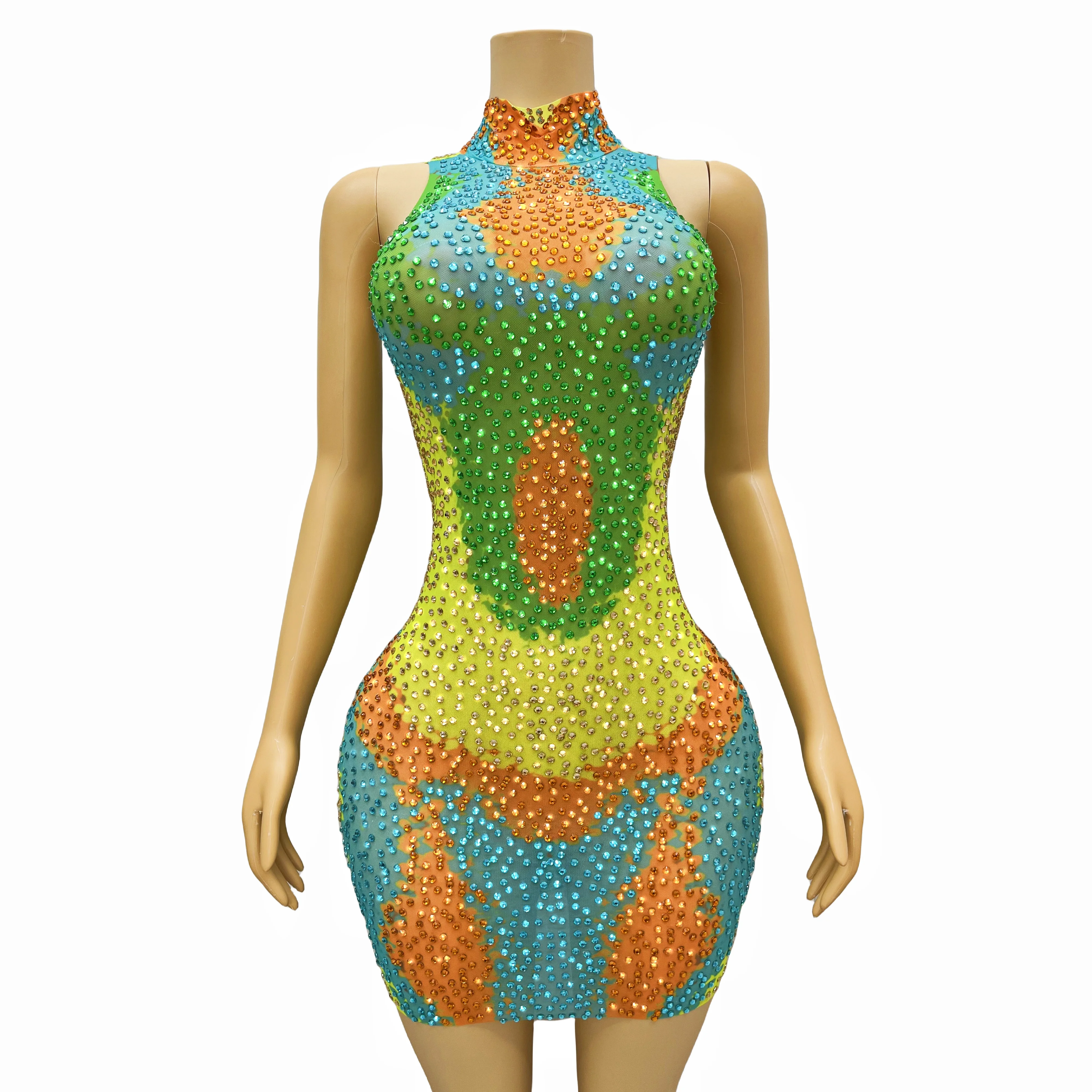 2024 Summer Yellow Green Rhinestones Sleeveless Dress Birthday Woman Sexy Dance Outfit Dance Costume bingguo