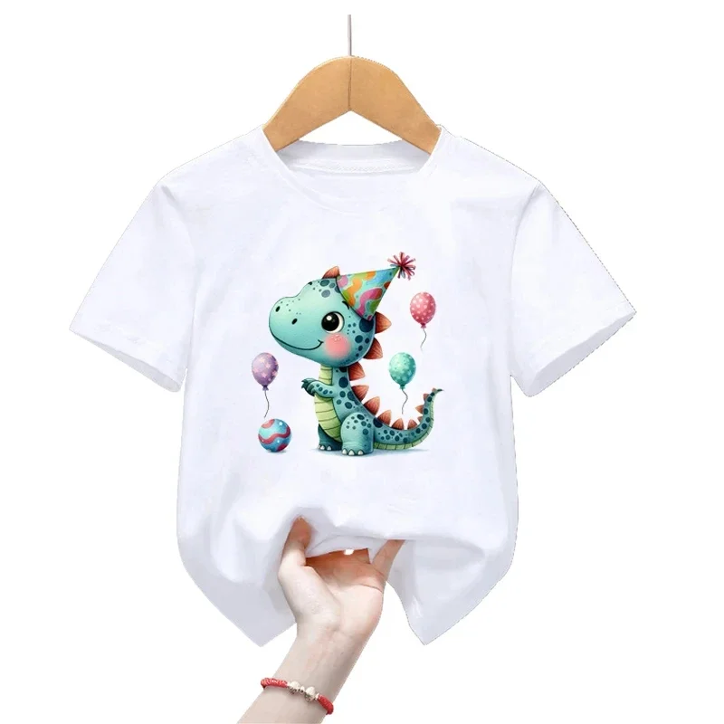 White T-Shirt with Dinosaurs Love Balloons Print - Fun Birthday Gift for Kids, Boys and Girls Fashion Tee