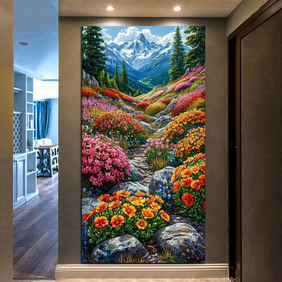 الزهور البرية الملونة كبيرة الحجم Diy الماس اللوحة مجموعات الجبل مشهد كامل مربع جولة الحفر فسيفساء التطريز صور