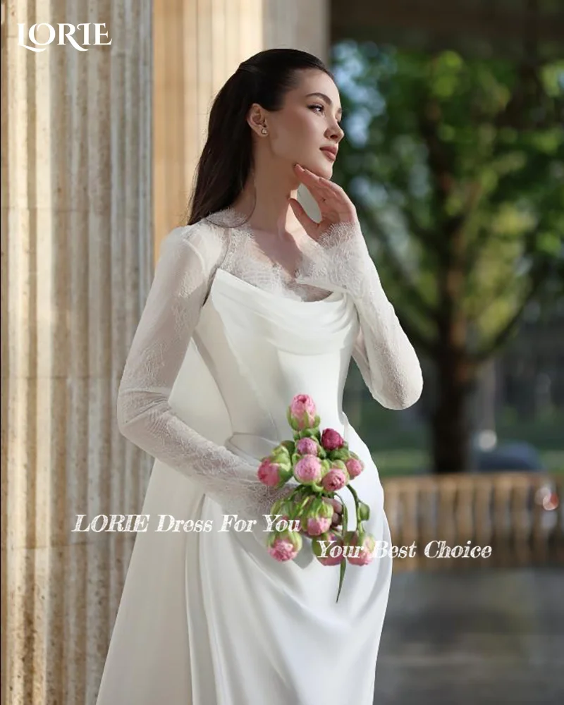 LORIE 3D Flowers Mermaid Wedding Dresses High Collar A-Line Lace Pleats Long Sleeve Bridal Gown Church Bride Dress Customized