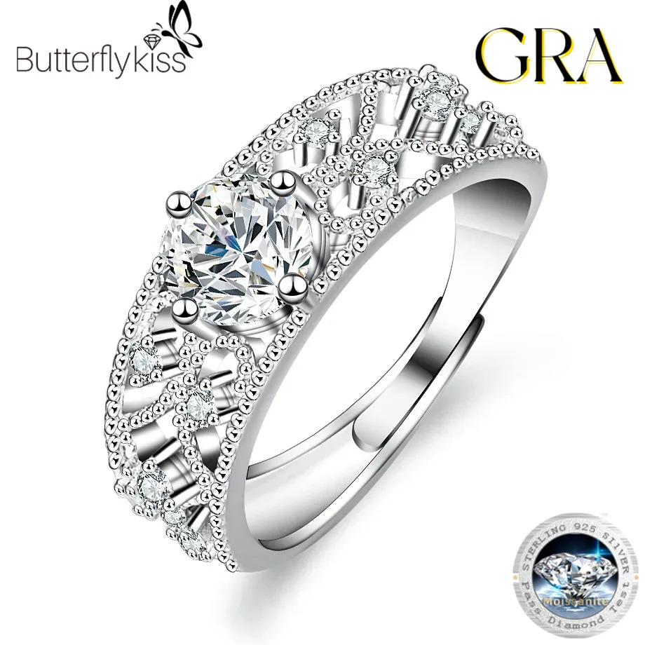 

Butterflykiss Moissanite Rings For Women 0.8CT D Color VVS1 Solitaire 925 Sterling Silver Promise Wedding Halo Adjustable Ring