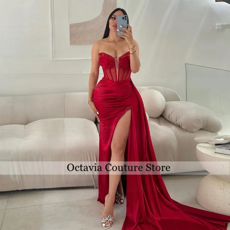 Stylish Satin Evening Dress for Woman Mermaid Beads Pleated Corset Saudi Arabric Vestido de Graduacion Customized