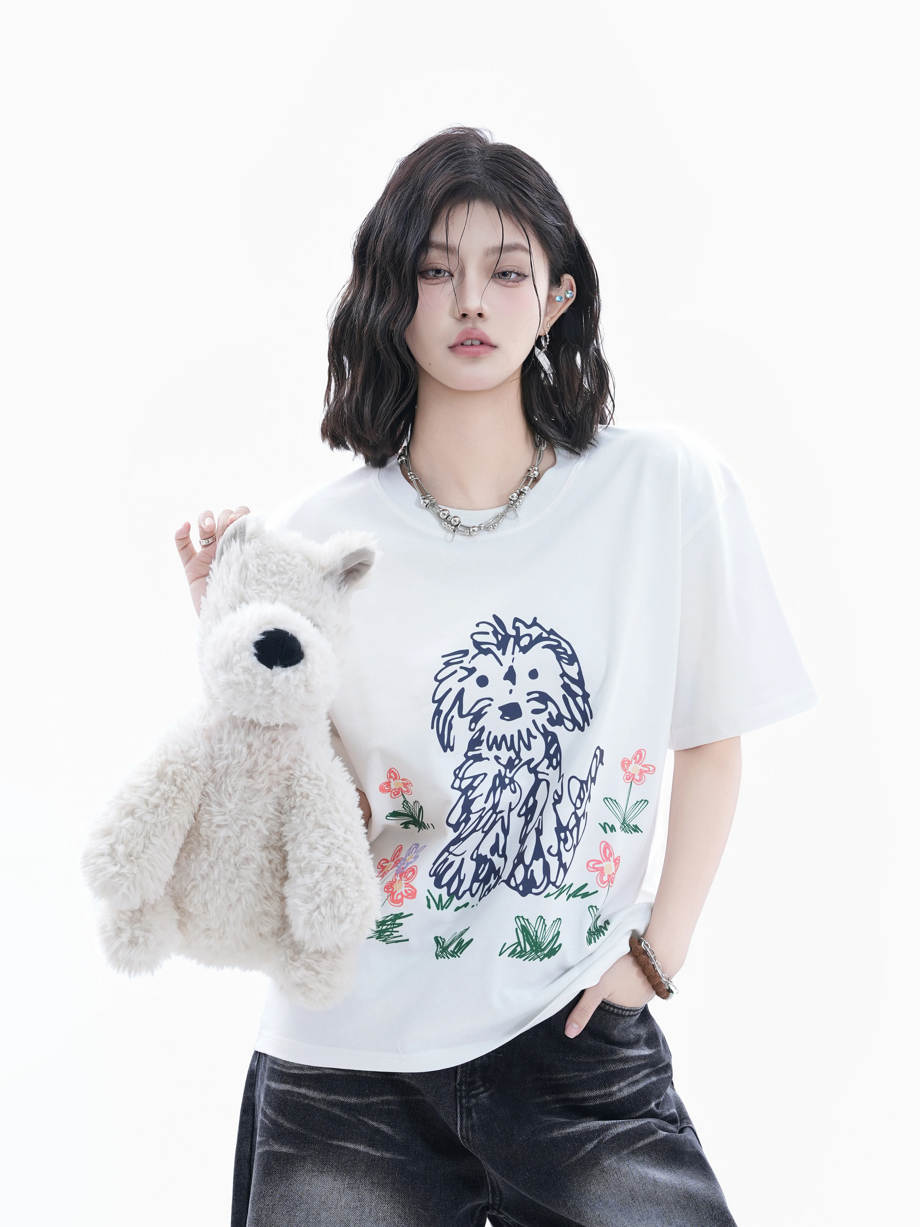 

American Style Dog Print Short Sleeve T-Shirt Women Loose Sport Sweet Match Couple INS Summer Cotton Casual round Neck Top