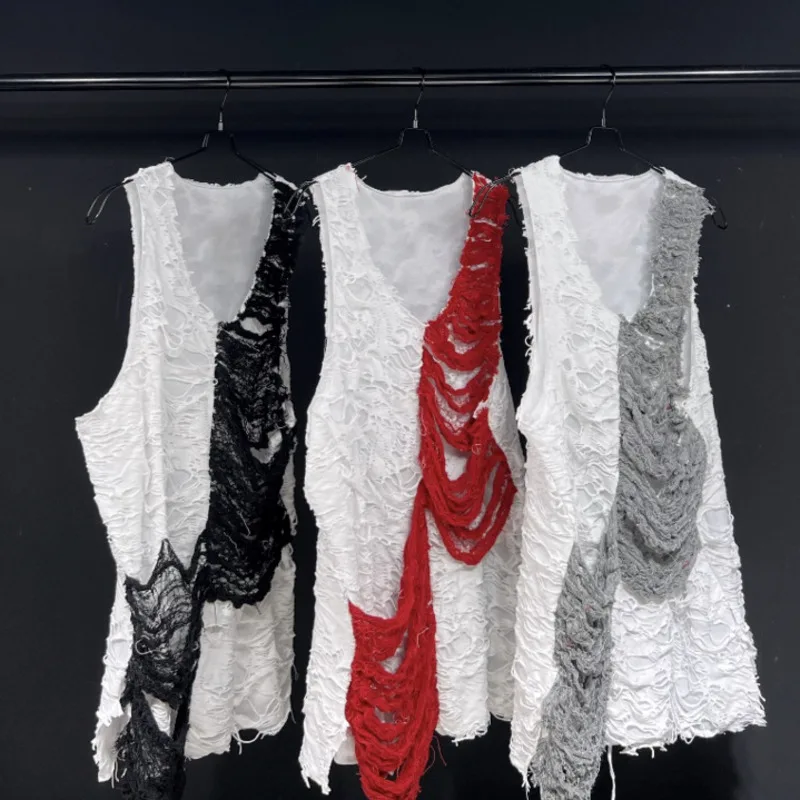 HKSH Unique Ripped Tank Tops V-Neck Sleeveless Tees Ice Silk Mesh Wide Shoulders Thin Hollowed-Out Breathable Vest Women HK22742