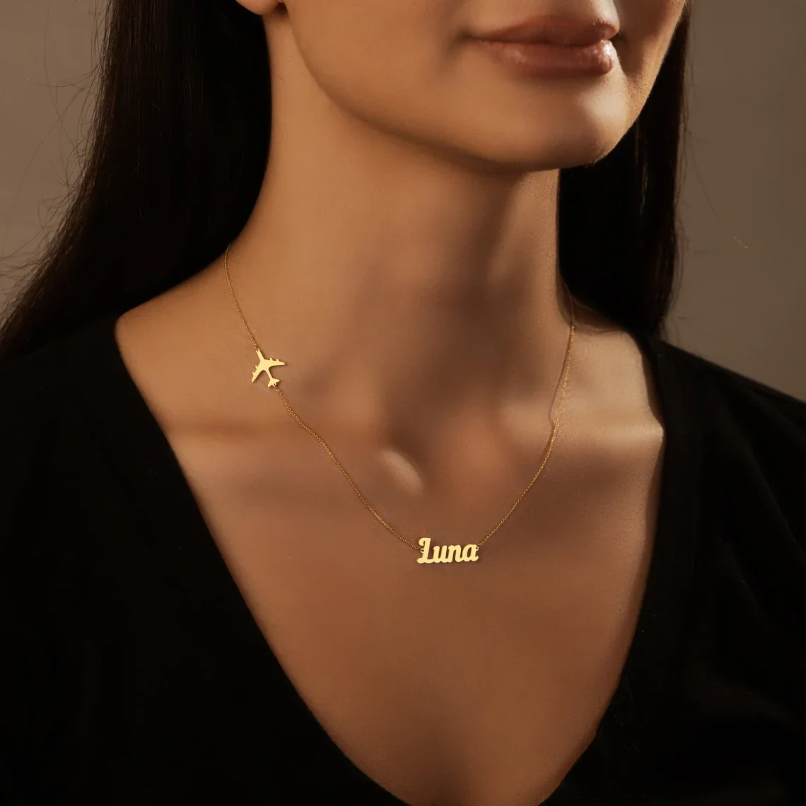 Collar personalizado con nombre para mujer con avión, colgante de avión de corazón personalizado de acero inoxidable, regalo de joyería de cumpleaños