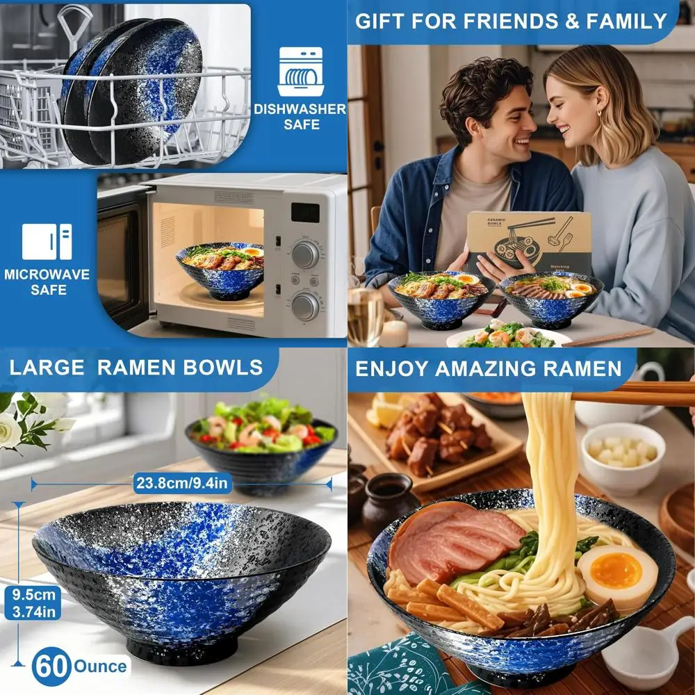 

Set of 4 - 9.4 Ceramic Japanese Ramen Bowls, 17-Piece Porcelain Serving Set with Chopsticks, Forks, Spoons, and Recipes, Ideal f