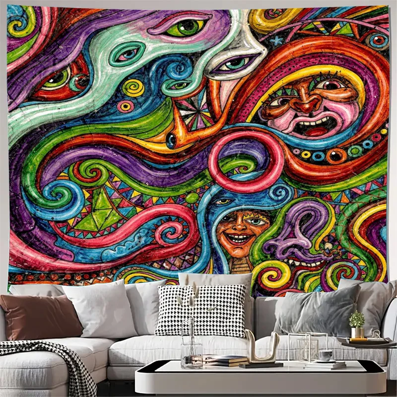 Vibrant Bohemian Psychedelic Tapestry Abstract Wall Hanging Boho Hippie Art Print Decor Modern Festival Ethnic Style Macrame Acc