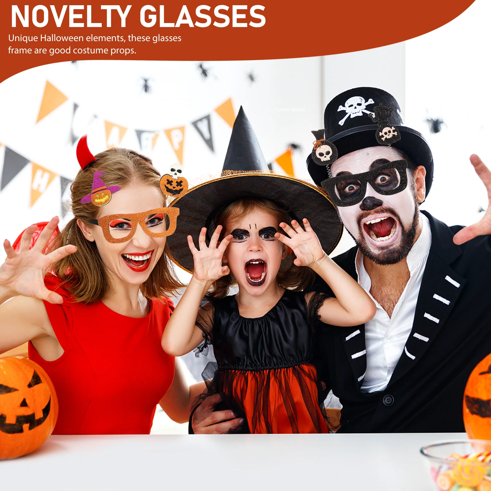 

4 Pcs Halloween Party Decoration Glasses Novelty Frames for Kids Adults Pumpkin Witch Hat Tombstone Candy Bag Skull