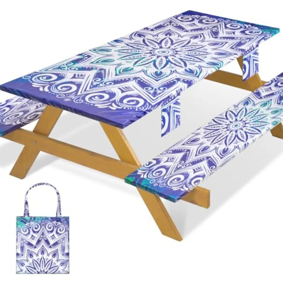 

Fitted Waterproof Picnic Table Cover with Bench Covers Elastic Stain Resistant Camping Table clothes for 6Feet Rectangle Tables
