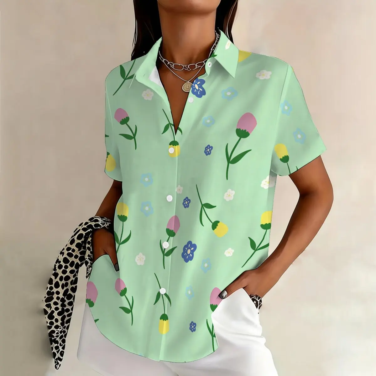 

Simple cartoon flower print summer women's plus size lapel short sleeved shirt, personalized and fashionable daily versatile top
