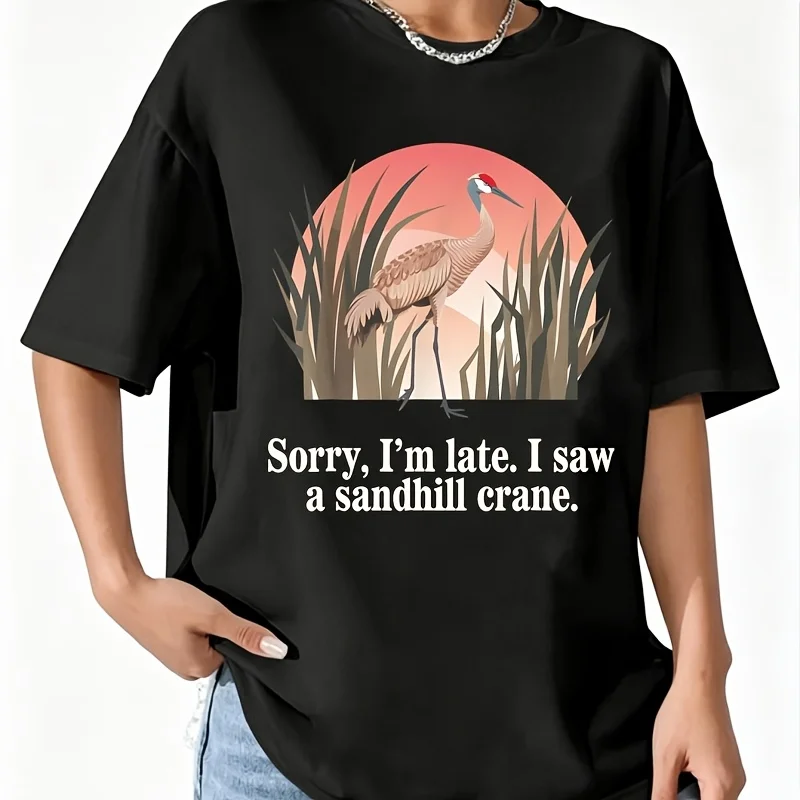 Sandhill Crane Majestic Bird Lover Design785 Women's 100% Cotton T-Shirt Short Sleeve Top Casual Round Neck Fun Print Tee S-5Xl