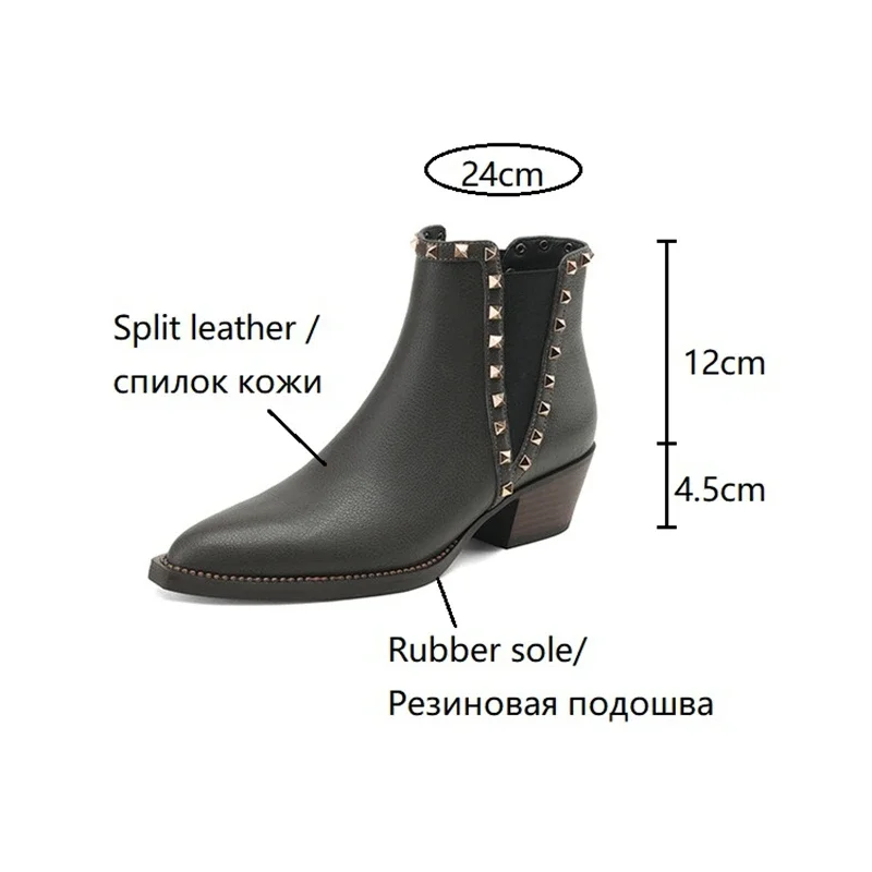 NEW Autumn Women Boots Pointed Toe Chunky Heel Boots Split Leather Shoes for Women Retro Rivet Ankle Boots казаки женские обувь